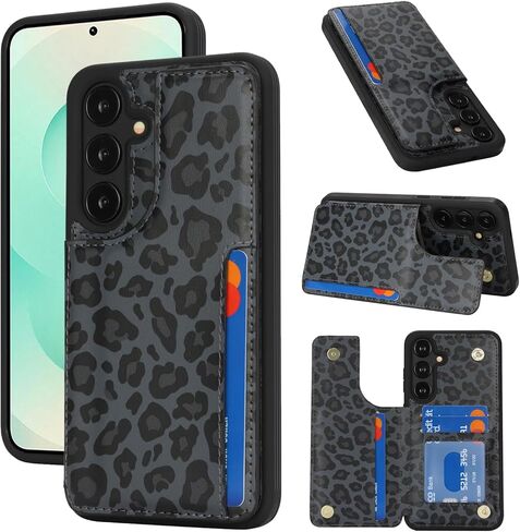 iCoverCase متوافق مع حافظة Samsung Galaxy S25 FE مع حامل بطاقة، حافظة محفظة للنساء والرجال [RFID Blocking] حافظة هاتف واقية من جلد البولي يوريثان لهاتف S25 FE (أسود ليوبارد) in Kuwait