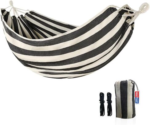 Cotton Canvas Hammock, Comfortable Fabric Camping Hammock with Tree Straps, Up to 440lbs with Travel Bag for Camping Outdoor/Indoor Patio Backyard(Black&White, Without bar) in Saudi Arabia