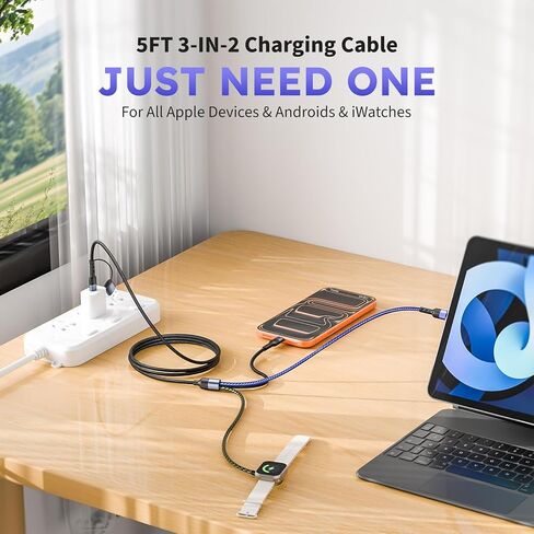 MPATIBY 3 in 2 Multi Charging Cable for Phone Watch Charger/iPhone 17/Old iPhone, USB A/USB C Cable for Multiple Devices(1Pack) in Kuwait