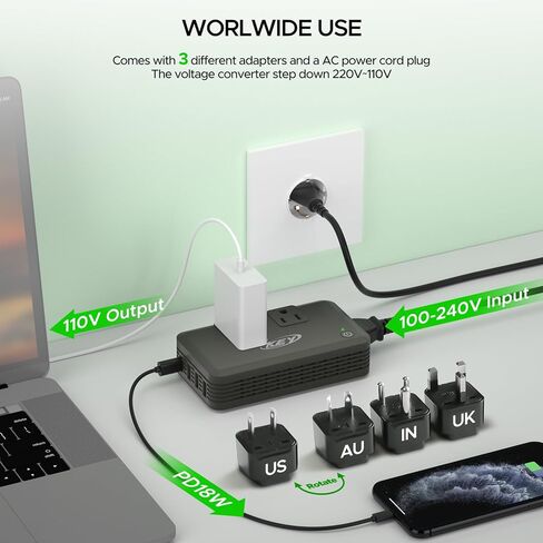 مفتاح الطاقة 230 واط محول الجهد 220 فولت إلى 110 فولت، محول تنحي للسفر مع USB-C و3 منافذ USB، محول طاقة دولي للاتحاد الأوروبي/المملكة المتحدة/الاتحاد الأفريقي/الهند، لفرد الشعر ومكواة تجعيد الشعر. in Kuwait