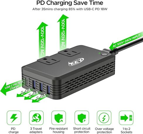 مفتاح الطاقة 230 واط محول الجهد 220 فولت إلى 110 فولت، محول تنحي للسفر مع USB-C و3 منافذ USB، محول طاقة دولي للاتحاد الأوروبي/المملكة المتحدة/الاتحاد الأفريقي/الهند، لفرد الشعر ومكواة تجعيد الشعر. in Kuwait