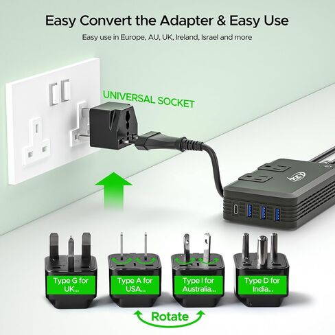 مفتاح الطاقة 230 واط محول الجهد 220 فولت إلى 110 فولت، محول تنحي للسفر مع USB-C و3 منافذ USB، محول طاقة دولي للاتحاد الأوروبي/المملكة المتحدة/الاتحاد الأفريقي/الهند، لفرد الشعر ومكواة تجعيد الشعر. in Kuwait