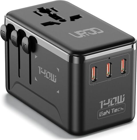 140W GaN Universal Travel Adapter, International Power Adapter with 3 USB-C & USB-A & 2500W AC Outlet, Ultra Fast Charging Travel Charger for Laptop & Phone & Tablet & EU UK US AUS 200+ Countries in Kuwait