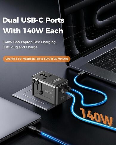 140W GaN Universal Travel Adapter, International Power Adapter with 3 USB-C & USB-A & 2500W AC Outlet, Ultra Fast Charging Travel Charger for Laptop & Phone & Tablet & EU UK US AUS 200+ Countries in Kuwait