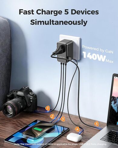 140W GaN Universal Travel Adapter, International Power Adapter with 3 USB-C & USB-A & 2500W AC Outlet, Ultra Fast Charging Travel Charger for Laptop & Phone & Tablet & EU UK US AUS 200+ Countries in Kuwait