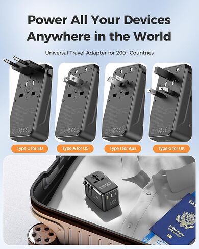 140W GaN Universal Travel Adapter, International Power Adapter with 3 USB-C & USB-A & 2500W AC Outlet, Ultra Fast Charging Travel Charger for Laptop & Phone & Tablet & EU UK US AUS 200+ Countries in Kuwait