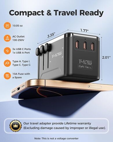140W GaN Universal Travel Adapter, International Power Adapter with 3 USB-C & USB-A & 2500W AC Outlet, Ultra Fast Charging Travel Charger for Laptop & Phone & Tablet & EU UK US AUS 200+ Countries in Kuwait