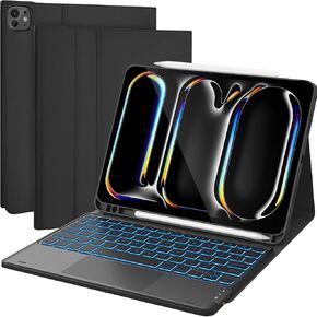 حافظة لوحة مفاتيح لجهاز iPad Pro 11 بوصة M5 2025 / M4 2024، 7 ألوان خلفية، لوحة تتبع ذكية، غطاء قابل للطي لاسلكي قابل للفصل مع حامل قلم لجهاز iPad Pro 11 بوصة 2025 2024، أسود in Kuwait