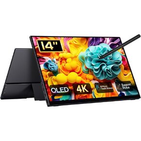 شاشة OLED محمولة مقاس 14 بوصة بدقة 4K، شاشة تعمل باللمس UHD 3840X2400p 100% DCI-P3 100000:1، شاشة سفر USB-C HDMI مع مسند وحافظة للكمبيوتر المحمول Mac PC in Kuwait