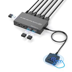 HDMI KVM Switch 1 Monitor 2 Computers, Aluminum with 3 USB 2.0 Ports 4K@60Hz KVM Switches for 2 Computers Sharing One Monitor Keyboard Mouse Printer with 2 USB Cables,Power adapters, Controller in Kuwait