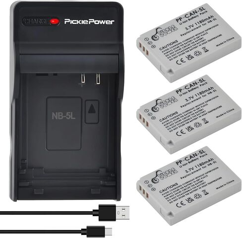 مجموعة بطارية وشاحن Pickle Power 3-Pack NB-5L لكاميرا Canon PowerShot S100، S110، SD700 is، SD790 is، SD800 is، SD850 is، SD870 is، SD880 is، SD890 is، SD900 is، SD950 is، SD970 is، SD990 is in Kuwait
