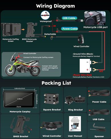 Carpuride W602S PRO Motorcycle Carplay & Android Auto with Type-C Port, 6.25" Motorcycle GPS Navigation System Supports OTA, Car Play Moto Screen with Wired Controller, Dual Bluetooth, Waterproof in Kuwait