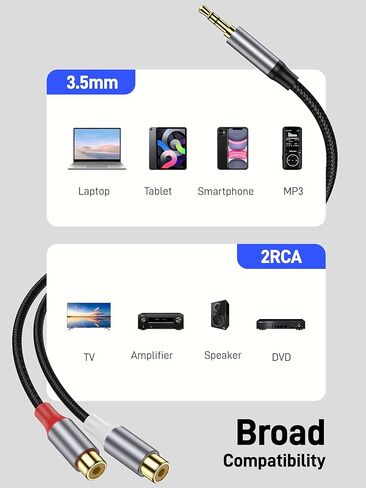 كابل 3.5 مم إلى RCA، موصل سلك صوت ستيريو 10 بوصة 3.5 مم ذكر إلى 2RCA أنثى للهواتف الذكية، MP3، الأجهزة اللوحية، مكبرات الصوت، المسرح المنزلي، HDTV والمزيد. in Kuwait