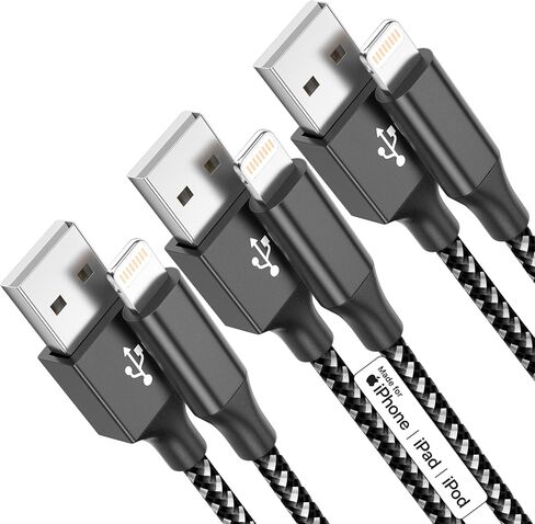 iPhone Charger 3Pack 10FT Apple MFi Certified Lightning Cable Fast Charging Nylon Braided Cord for iPhone 14/13/12/11/X/Xs/XR/8/7/6//6s/5/SE Pro/Max/Pro Max/Plus/Mini and More - (Black White) in Kuwait