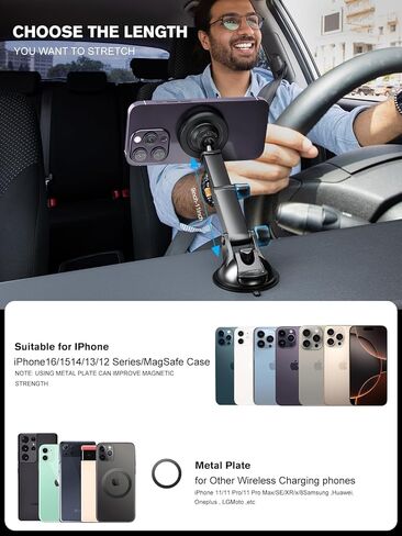 MAGJIEYX لشاحن تثبيت السيارة المغناطيسي Magsafe، شاحن سيارة لاسلكي مع محول QC3.0 (38 واط كحد أقصى) حامل هاتف يناسب iPhone17/16/15/14/13Plus/MagSafe، لوحة أجهزة القياس/فتحة التهوية/الزجاج الأمامي (أسود) in Kuwait