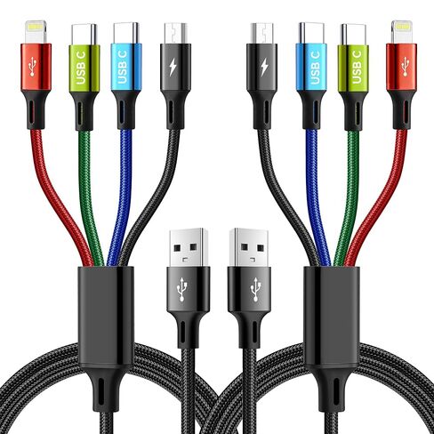كابل شحن متعدد USB C 4 في 1 من MINLU لأجهزة متعددة، منافذ مزدوجة من النوع C/Lightning/Micro مضفرة خالية من التشابك، شاحن سيارة عالمي للسفر لسلسلة iPhone، Galaxy، Android، iPad، PS-2Pack، 4 أقدام in Kuwait