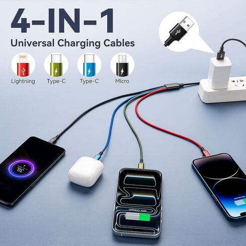 كابل شحن متعدد USB C 4 في 1 من MINLU لأجهزة متعددة، منافذ مزدوجة من النوع C/Lightning/Micro مضفرة خالية من التشابك، شاحن سيارة عالمي للسفر لسلسلة iPhone، Galaxy، Android، iPad، PS-2Pack، 4 أقدام in Kuwait
