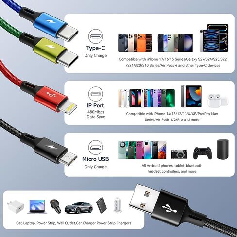 كابل شحن متعدد USB C 4 في 1 من MINLU لأجهزة متعددة، منافذ مزدوجة من النوع C/Lightning/Micro مضفرة خالية من التشابك، شاحن سيارة عالمي للسفر لسلسلة iPhone، Galaxy، Android، iPad، PS-2Pack، 4 أقدام in Kuwait