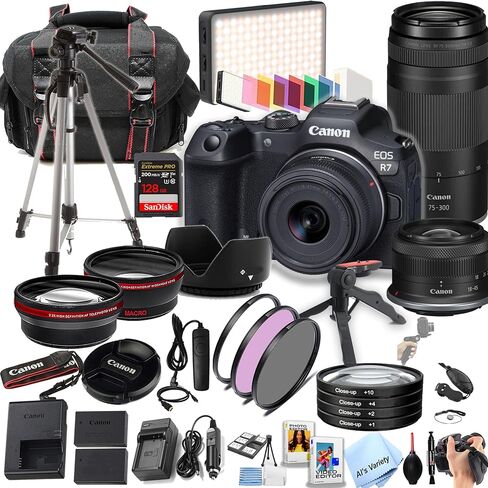 Canon EOS R7 32.5MP APS-C CMOS Sensor Mirrorless Camera with 18-45mm + 75-300mm Lenses + 128GB Extreme Memory, LED Video Light, Wide Angle Lens, Telephoto Lens, Filters- 44pc Pro Bundle (Renewed) in Kuwait