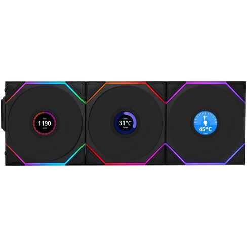 Lian Li UNI FAN TL مروحة كمبيوتر LCD لاسلكية مقاس 120 مم RGB - 3 عبوات من مراوح كمبيوتر الألعاب ذات الشفرات العكسية باللون الأسود | مراوح PWM - 26 مصباح LED ARGB - 1900 دورة في الدقيقة - سلسلة ديزي، تدفق هواء عالي، اهتزاز منخفض، صامت، مرآة لا متناهية in Kuwait