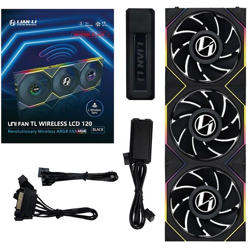 Lian Li UNI FAN TL مروحة كمبيوتر LCD لاسلكية مقاس 120 مم RGB - 3 عبوات من مراوح كمبيوتر الألعاب ذات الشفرات العكسية باللون الأسود | مراوح PWM - 26 مصباح LED ARGB - 1900 دورة في الدقيقة - سلسلة ديزي، تدفق هواء عالي، اهتزاز منخفض، صامت، مرآة لا متناهية in Kuwait