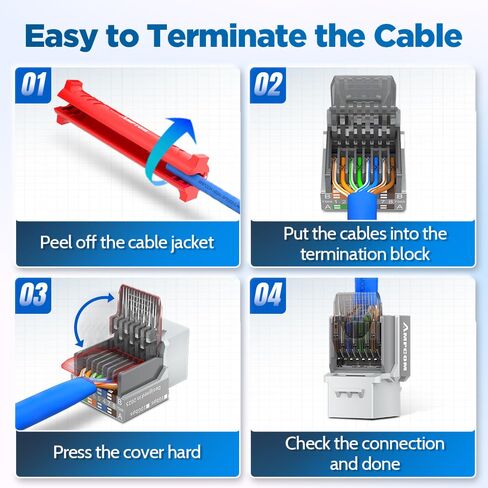 AMPCOM Toolless RJ45 Keystone Jack CAT6 UTP 25 حزمة، 90 درجة لا حاجة للثقب، PoE++ 100 وات، معتمد من ANSI/TIA، رمادي in Kuwait