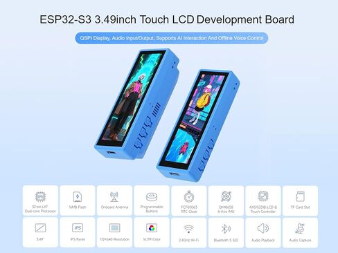 ESP32-S3 3.49inch Touch LCD Dev Board, Onboard 3.49inch QSPI IPS Display 172 × 640, ESP32-S3R8 Dual-core Processor, Support AI Interaction and Offline Voice Control (Without Battery) in Kuwait