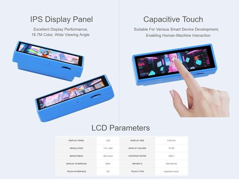 ESP32-S3 3.49inch Touch LCD Dev Board, Onboard 3.49inch QSPI IPS Display 172 × 640, ESP32-S3R8 Dual-core Processor, Support AI Interaction and Offline Voice Control (Without Battery) in Kuwait