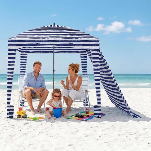 NEWBULIG Beach Cabana - 6 × 6 أقدام UPF 50 + حماية من الشمس، جدار جانبي مقاوم للماء قابل للفصل، 4 جيوب زاوية، خيمة شاطئ كابانا رائعة 4.2 كجم تصميم مضغوط للشاطئ/التخييم، خطوط زرقاء فاتحة in Kuwait
