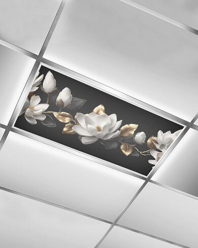 Fluorescent Light Covers for Ceiling Lights 2 Pack, White Floral Magnetic Classroom Light Covers 4x2 Feet, Vintage Country Luxurious Botanical Black Gold Fluorescent Ceiling Filters for Office in Kuwait