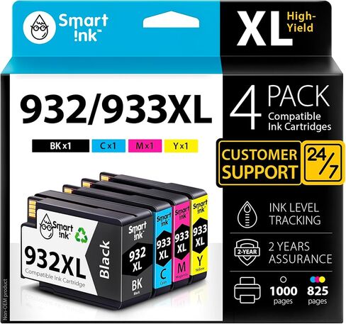 سمارت انك خرطوشة حبر بديلة متوافقة مع طابعات اتش بي 932XL 933XL 932 XL 933 XL 4 (XL اسود وازرق سيان واصفر) للاستخدام مع طابعات اتش بي اوفيس جيت 6100 6600 6700 7110 7510 7610 7612 7620 in Kuwait