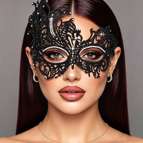 Obmyec Halloween Lace Mask Masquerade Mask Elastic Mardi Gras eyemask Costume Party for Women (Black-rhinestone) in Kuwait