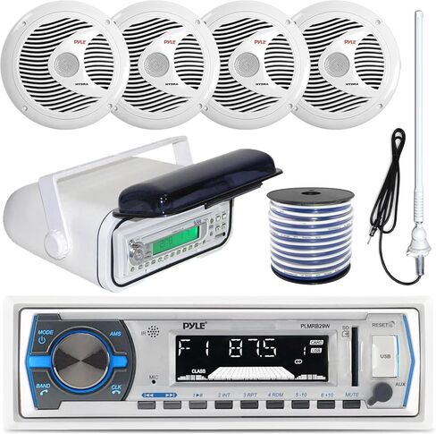Single DIN MP3 USB SD Bluetooth in-Dash Radio Receiver Bundle Combo with White Marine Stereo Housing + 4X 6.5 Dual Cone Waterproof Audio Speakers = Enrock Flex AM/FM Antenna + 50Ft Speaker Wire in Kuwait