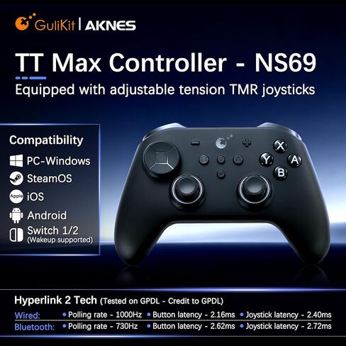 GuliKit TT MAX Revision Wireless Controller for Switch 2/1, PC, Android, iOS, SteamOS with 720° Adjustable Tension TMR Joysticks, 4 Back Buttons, Hyperlink 2 Tech for 2.16ms Low Latency, Switch Wakeup - Black in Kuwait
