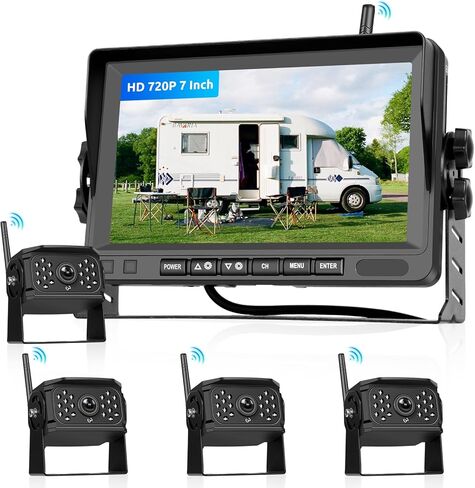 Hodozzy Wireless Backup Camera System Kit, 7 Inch IPS Reversing Monitor with IP68 Waterproof, Quad Split Recording, Night Vision, Manual Zoom,4 Backup Cameras for RV Truck/Trailer/Pickup/Camper in Kuwait