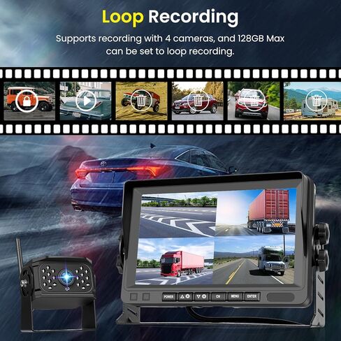 Hodozzy Wireless Backup Camera System Kit, 7 Inch IPS Reversing Monitor with IP68 Waterproof, Quad Split Recording, Night Vision, Manual Zoom,4 Backup Cameras for RV Truck/Trailer/Pickup/Camper in Kuwait