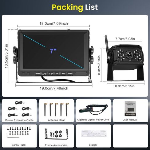 Hodozzy Wireless Backup Camera System Kit, 7 Inch IPS Reversing Monitor with IP68 Waterproof, Quad Split Recording, Night Vision, Manual Zoom,4 Backup Cameras for RV Truck/Trailer/Pickup/Camper in Kuwait