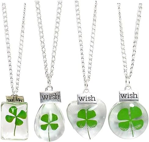 Dried Leaves Lucky 4-Leaf Clover Sunflower Pendant Necklace St. Patrick's Day Square round Glass Love and Luck Plant Jewelry for Women Girls Gift in Kuwait