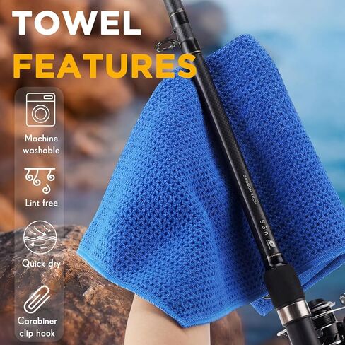 Breling 12 Pack Microfiber Fishing Towels with Clip, 16'' x 16'' Waffle Weave Towels for Cleaning Fishing Gear & Hands, Dry Absorbent Boat, Camping, Kayak & Hiking Towel (Black Grey Blue) in Kuwait