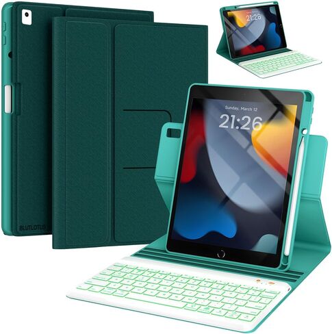 حافظة لوحة مفاتيح لجهاز iPad 9th/8th/7th Generation 10.2 بوصة 2021/2020/2019 وipad Pro 10.5 بوصة وipad Air 3 2019 - لوحة مفاتيح بإضاءة خلفية قابلة للفصل 360 درجة غطاء فوليو قابل للدوران مع حامل قلم علوي - (أزرق مخضر) in Kuwait