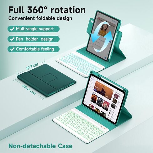 حافظة لوحة مفاتيح لجهاز iPad 9th/8th/7th Generation 10.2 بوصة 2021/2020/2019 وipad Pro 10.5 بوصة وipad Air 3 2019 - لوحة مفاتيح بإضاءة خلفية قابلة للفصل 360 درجة غطاء فوليو قابل للدوران مع حامل قلم علوي - (أزرق مخضر) in Kuwait