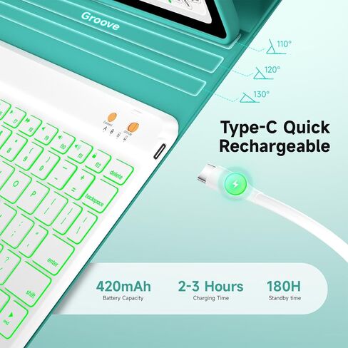 حافظة لوحة مفاتيح لجهاز iPad 9th/8th/7th Generation 10.2 بوصة 2021/2020/2019 وipad Pro 10.5 بوصة وipad Air 3 2019 - لوحة مفاتيح بإضاءة خلفية قابلة للفصل 360 درجة غطاء فوليو قابل للدوران مع حامل قلم علوي - (أزرق مخضر) in Kuwait