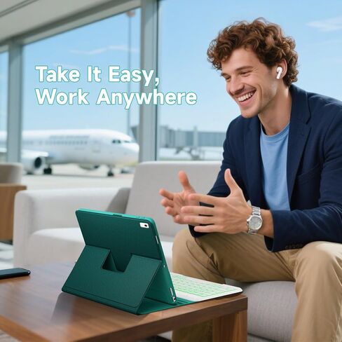 حافظة لوحة مفاتيح لجهاز iPad 9th/8th/7th Generation 10.2 بوصة 2021/2020/2019 وipad Pro 10.5 بوصة وipad Air 3 2019 - لوحة مفاتيح بإضاءة خلفية قابلة للفصل 360 درجة غطاء فوليو قابل للدوران مع حامل قلم علوي - (أزرق مخضر) in Kuwait