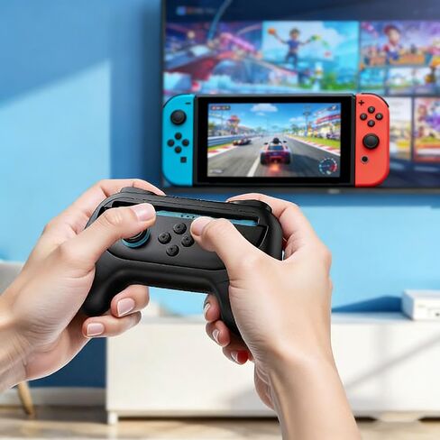 مقبض لجهاز نينتندو سويتش آند سويتش OLED Joy-Con، قطعتان من قبضة التحكم المحمولة مع غطاءين للإبهام، قبضة مريحة مريحة لملحقات Switch Joycon، أسود in Kuwait