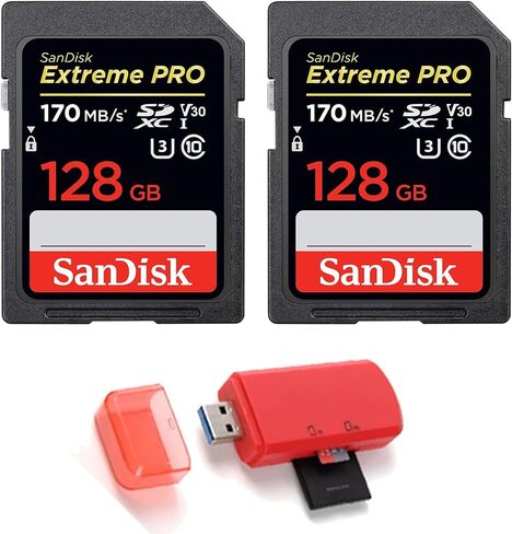 بطاقة Sandisk SecureDigital Extreme PRO SDXC UHS-I سعة 128 جيجابايت C10، U3، V30 170 ميجابايت/ثانية - حزمة من 2 - مع قارئ بطاقة الذاكرة in Kuwait