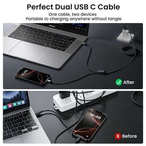 كابل بيانات وشحن USB C 2 في 1 إلى USB C مزدوج 5FT 100W بحد أقصى، كابل بيانات شحن سريع 2 في 1 USB C لهواتف iPhone 17/17Pro Max/16/15 Series وMacBook Air/Pro وiPad وأجهزة الكمبيوتر المحمولة وسلسلة Samsung Galaxy in Kuwait