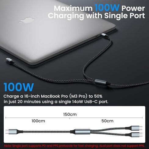 كابل بيانات وشحن USB C 2 في 1 إلى USB C مزدوج 5FT 100W بحد أقصى، كابل بيانات شحن سريع 2 في 1 USB C لهواتف iPhone 17/17Pro Max/16/15 Series وMacBook Air/Pro وiPad وأجهزة الكمبيوتر المحمولة وسلسلة Samsung Galaxy in Kuwait