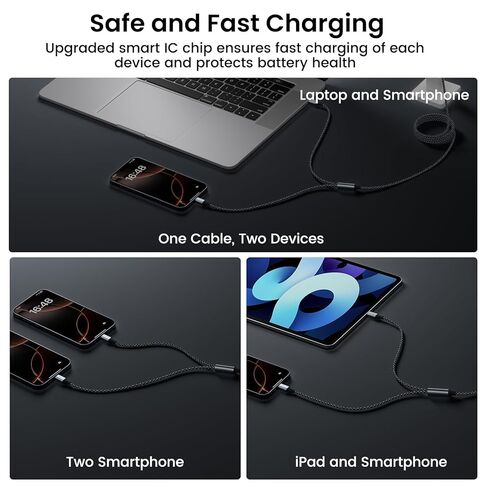 كابل بيانات وشحن USB C 2 في 1 إلى USB C مزدوج 5FT 100W بحد أقصى، كابل بيانات شحن سريع 2 في 1 USB C لهواتف iPhone 17/17Pro Max/16/15 Series وMacBook Air/Pro وiPad وأجهزة الكمبيوتر المحمولة وسلسلة Samsung Galaxy in Kuwait