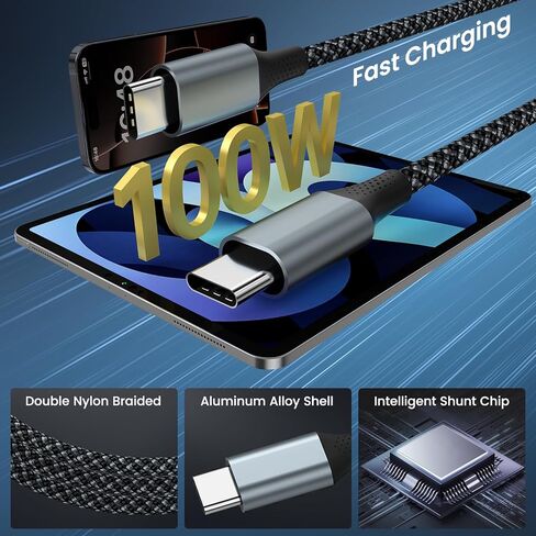 كابل بيانات وشحن USB C 2 في 1 إلى USB C مزدوج 5FT 100W بحد أقصى، كابل بيانات شحن سريع 2 في 1 USB C لهواتف iPhone 17/17Pro Max/16/15 Series وMacBook Air/Pro وiPad وأجهزة الكمبيوتر المحمولة وسلسلة Samsung Galaxy in Kuwait