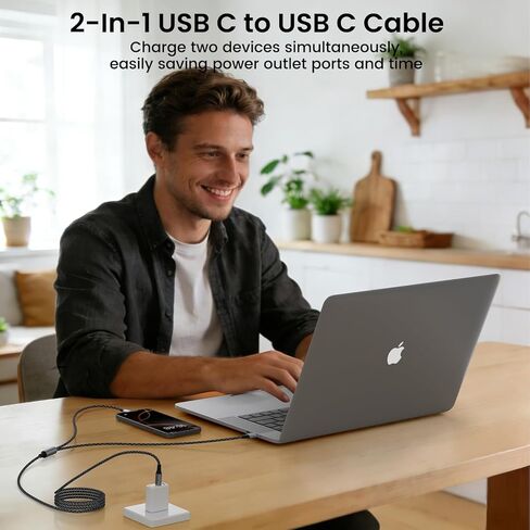 كابل بيانات وشحن USB C 2 في 1 إلى USB C مزدوج 5FT 100W بحد أقصى، كابل بيانات شحن سريع 2 في 1 USB C لهواتف iPhone 17/17Pro Max/16/15 Series وMacBook Air/Pro وiPad وأجهزة الكمبيوتر المحمولة وسلسلة Samsung Galaxy in Kuwait